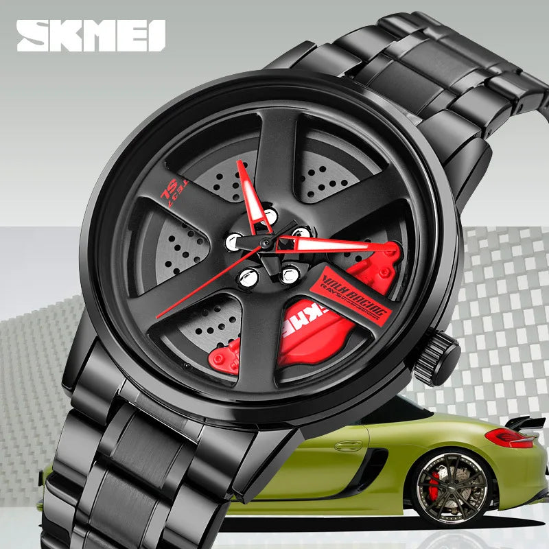 SKMEI Car Wheel Men's Watch - Cool Skeleton Dial Stainless Steel Waterproof Sports Quartz Wristwatch