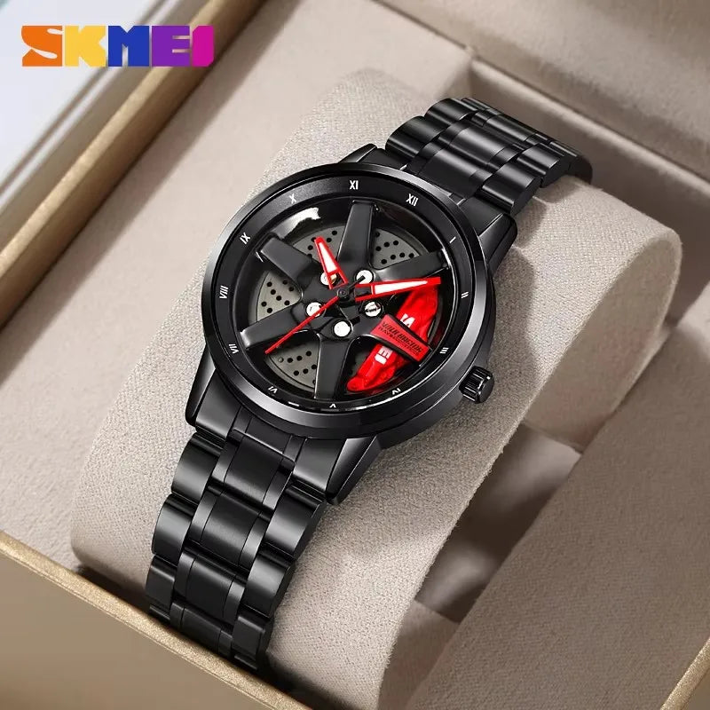 SKMEI Car Wheel Men's Watch - Cool Skeleton Dial Stainless Steel Waterproof Sports Quartz Wristwatch