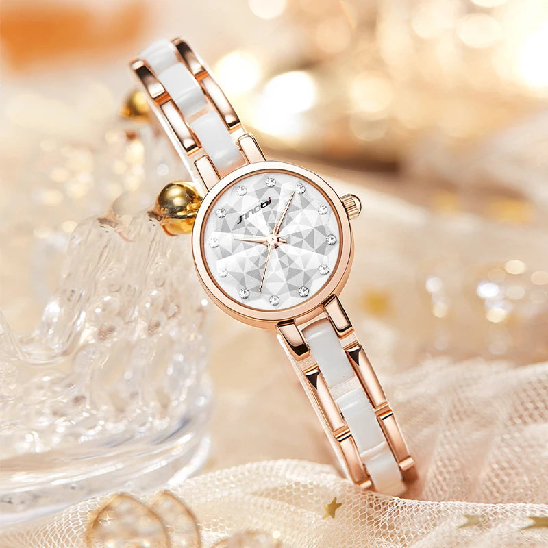 Custom Luxury Business Fashion Ladies Quartz Wristwatch Glass Pointer Stainless Steel Band Rose Gold Ceramic Case 3 ATM