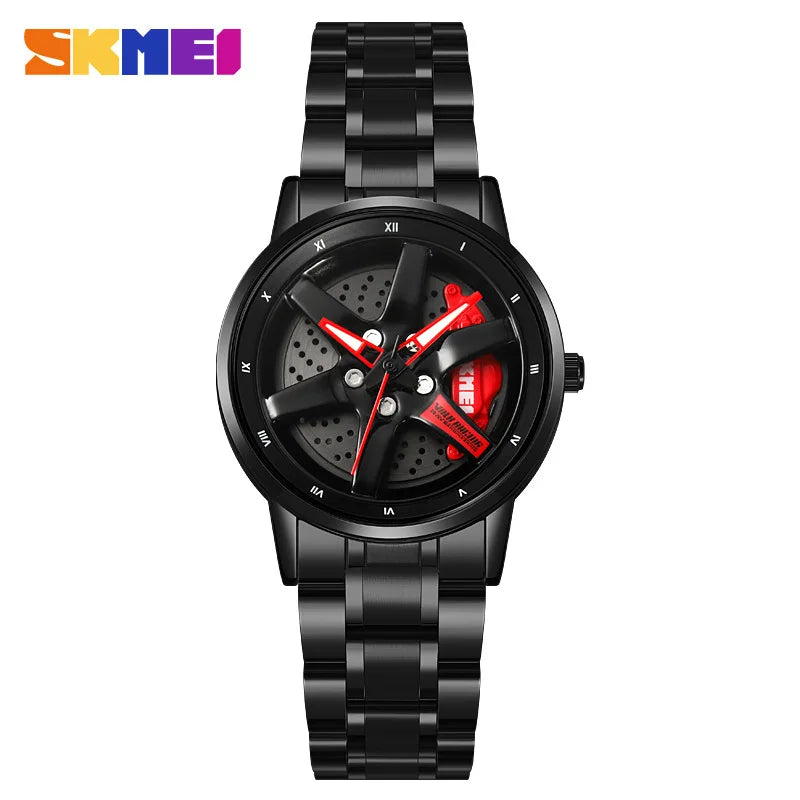 SKMEI Car Wheel Men's Watch - Cool Skeleton Dial Stainless Steel Waterproof Sports Quartz Wristwatch
