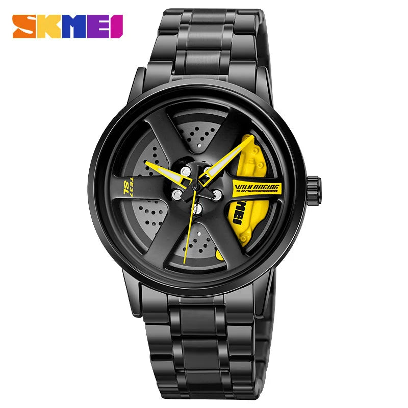 SKMEI Car Wheel Men's Watch - Cool Skeleton Dial Stainless Steel Waterproof Sports Quartz Wristwatch