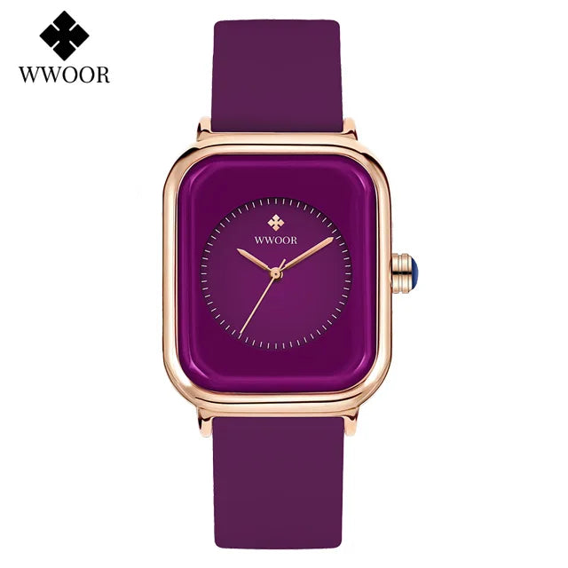 WWOOR Luxury Brand Watches For Women Fashion Square Purple Ladies Quartz Wristwatch Waterproof Silicone Band Relogio Feminino