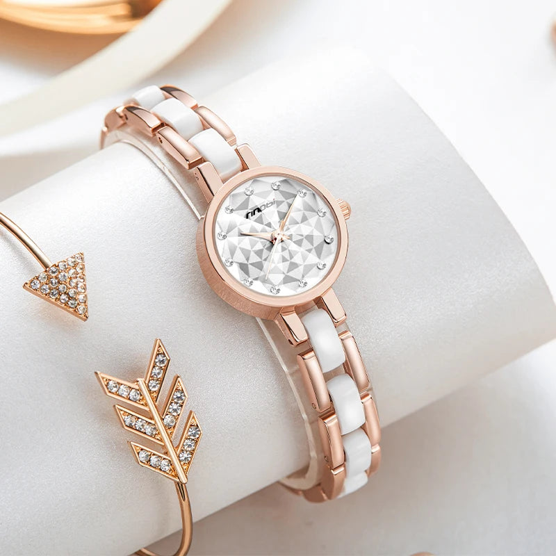 Custom Luxury Business Fashion Ladies Quartz Wristwatch Glass Pointer Stainless Steel Band Rose Gold Ceramic Case 3 ATM