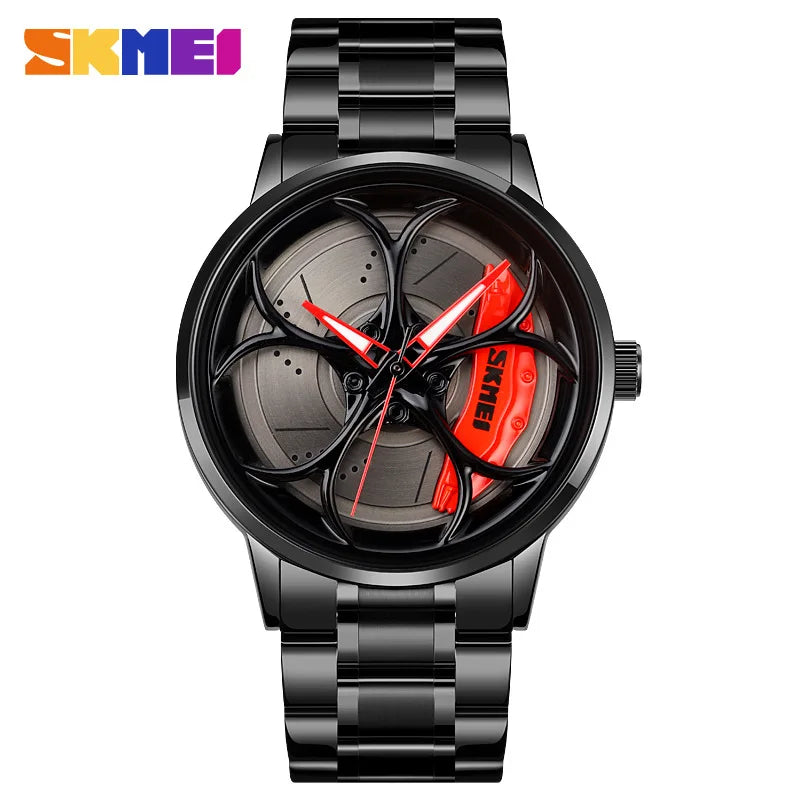 SKMEI Car Wheel Men's Watch - Cool Skeleton Dial Stainless Steel Waterproof Sports Quartz Wristwatch