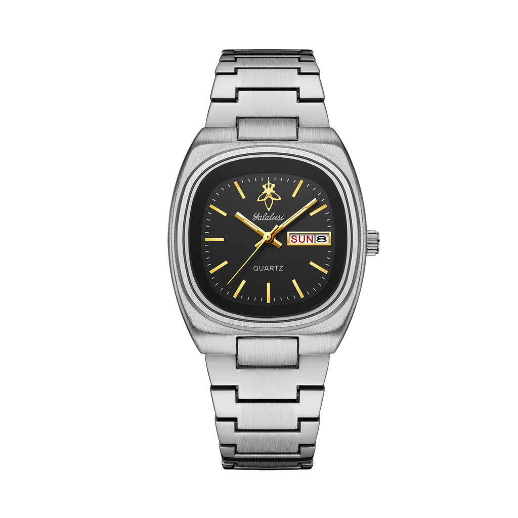 YaLaLuSi Rectangle Alloy Fashion Quartz Analog Waterproof Sport Watch Men Women Luxury Silver Black Dial Acrylic Band Calendar