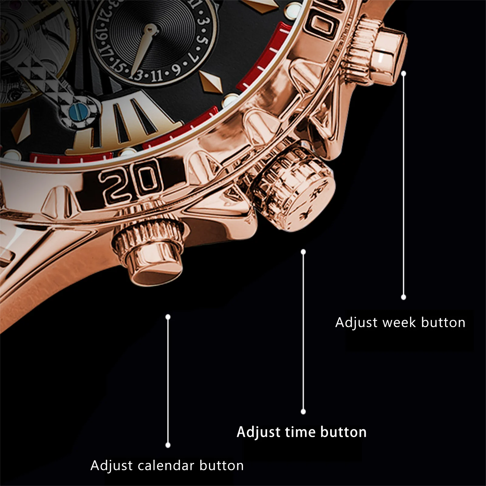 POEDAGAR 1410 Waterproof Mechanical Watch for Men - Hollow Out Dial with Moon Phase