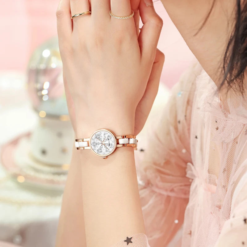 Custom Luxury Business Fashion Ladies Quartz Wristwatch Glass Pointer Stainless Steel Band Rose Gold Ceramic Case 3 ATM