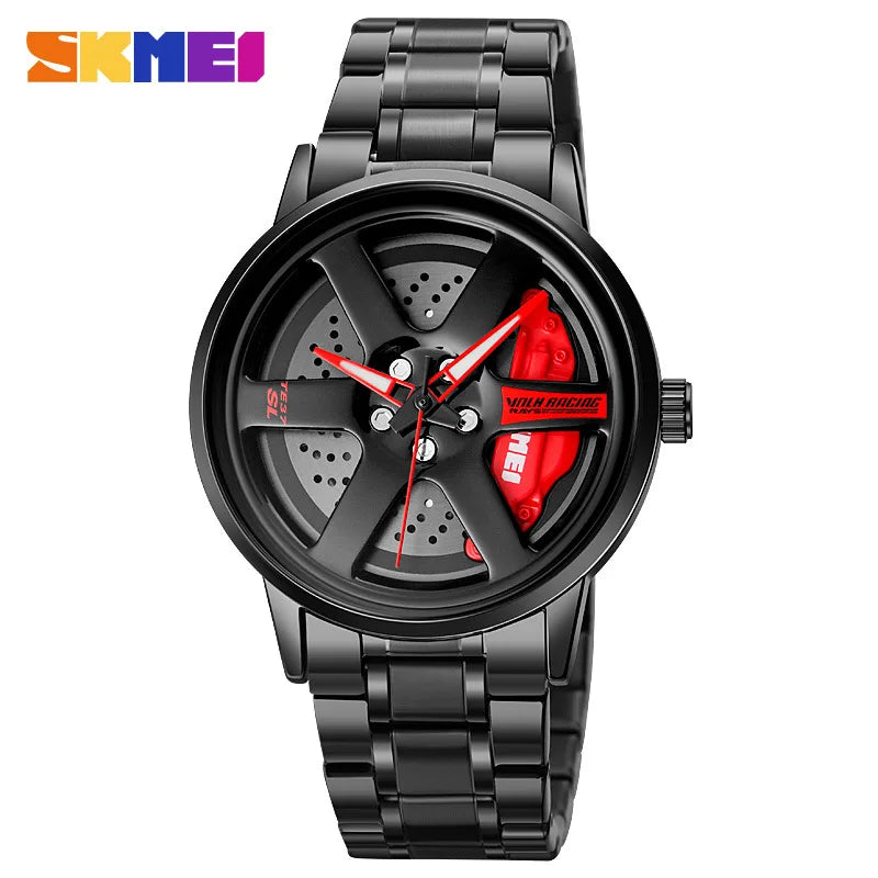 SKMEI Car Wheel Men's Watch - Cool Skeleton Dial Stainless Steel Waterproof Sports Quartz Wristwatch