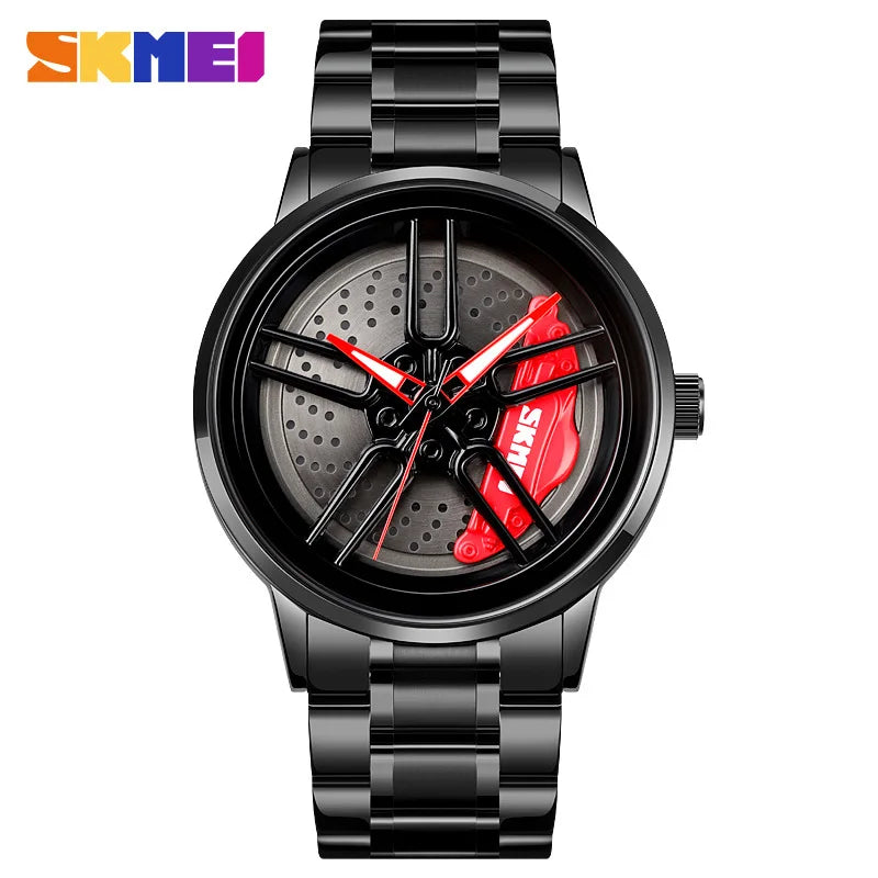 SKMEI Car Wheel Men's Watch - Cool Skeleton Dial Stainless Steel Waterproof Sports Quartz Wristwatch