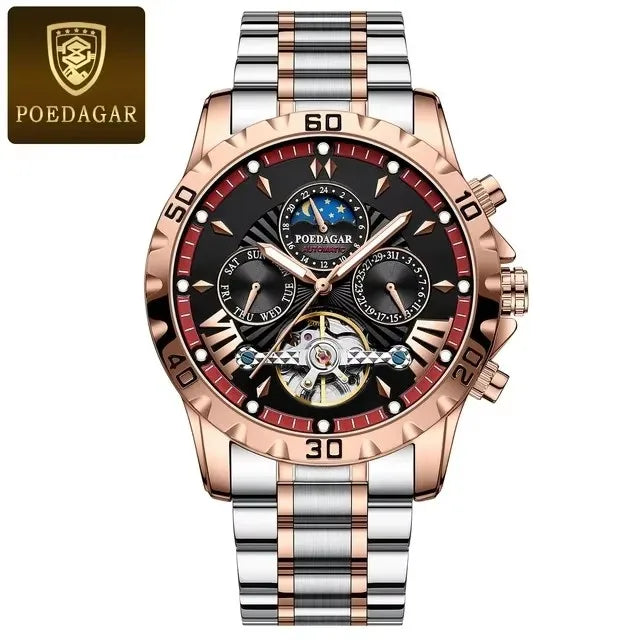 POEDAGAR 1410 Waterproof Mechanical Watch for Men - Hollow Out Dial with Moon Phase