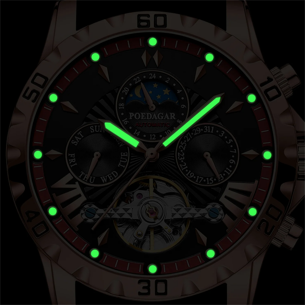 POEDAGAR 1410 Waterproof Mechanical Watch for Men - Hollow Out Dial with Moon Phase