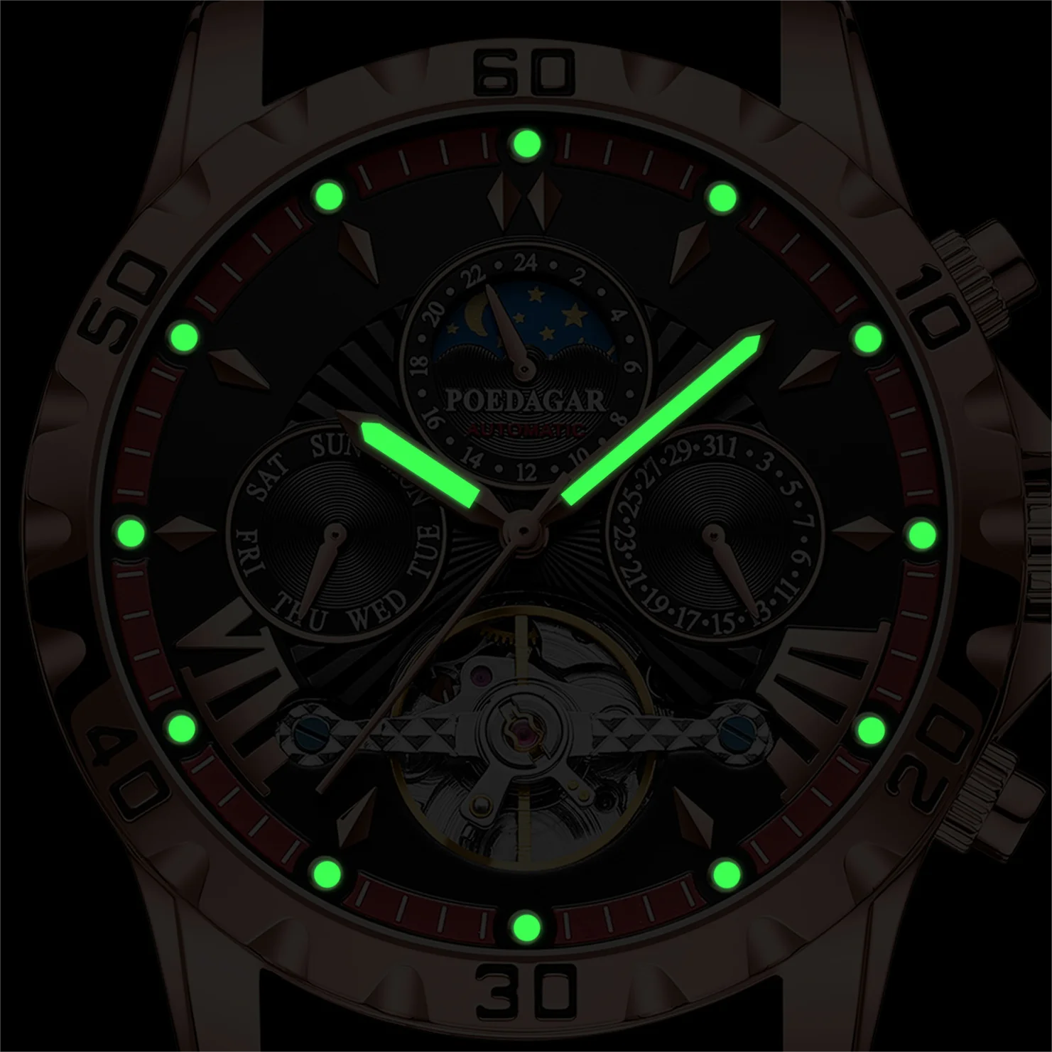 POEDAGAR 1410 Waterproof Mechanical Watch for Men - Hollow Out Dial with Moon Phase