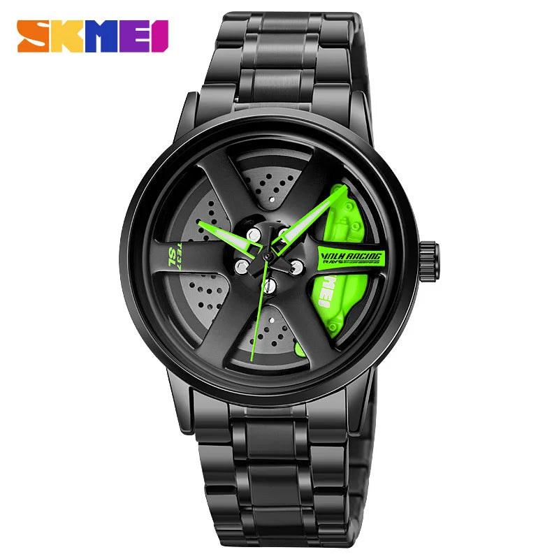 SKMEI Car Wheel Men's Watch - Cool Skeleton Dial Stainless Steel Waterproof Sports Quartz Wristwatch