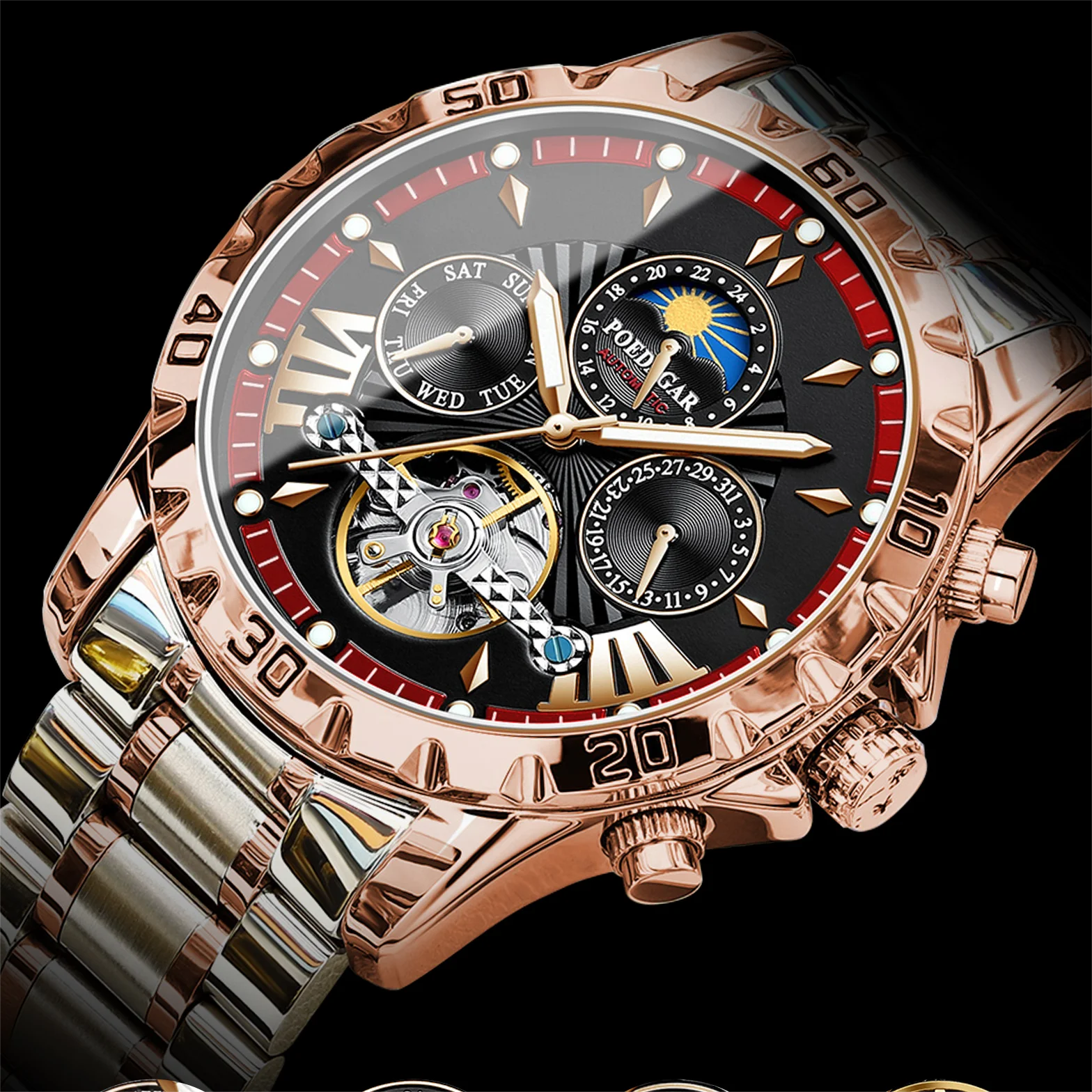 POEDAGAR 1410 Waterproof Mechanical Watch for Men - Hollow Out Dial with Moon Phase