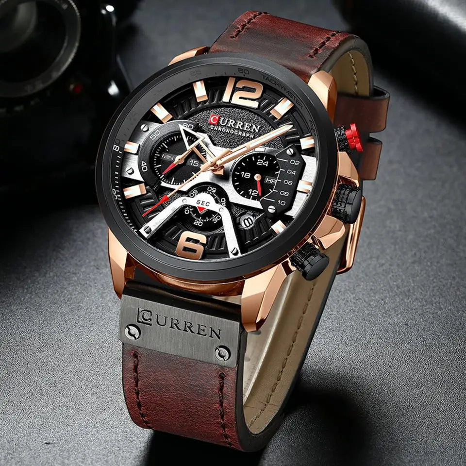 Curren 8329 Quartz Watch for Men Leather Strap Waterproof Luminous Calendar Big Dial Casual Business Sport Fashion Watch