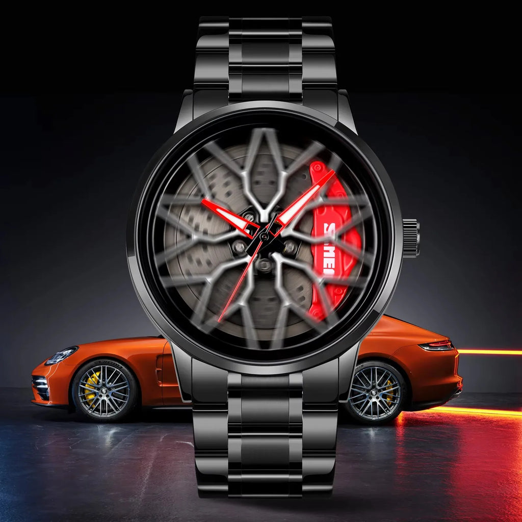 SKMEI Car Wheel Men's Watch - Cool Skeleton Dial Stainless Steel Waterproof Sports Quartz Wristwatch