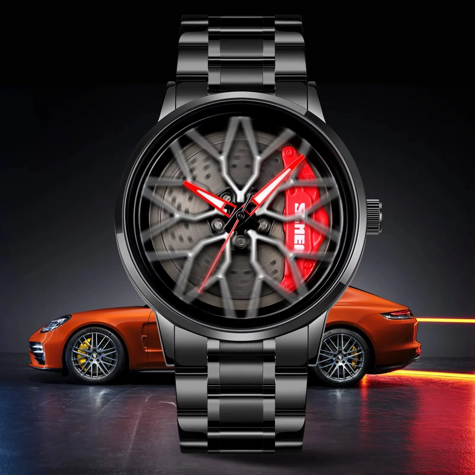 SKMEI Car Wheel Men's Watch - Cool Skeleton Dial Stainless Steel Waterproof Sports Quartz Wristwatch