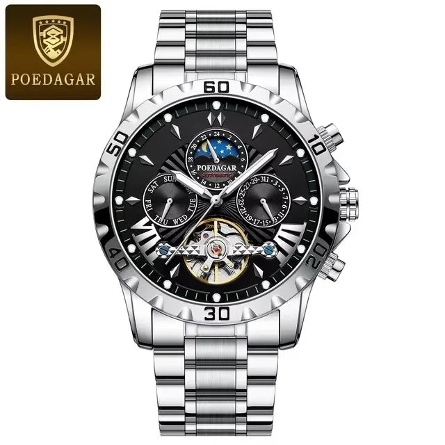 POEDAGAR 1410 Waterproof Mechanical Watch for Men - Hollow Out Dial with Moon Phase