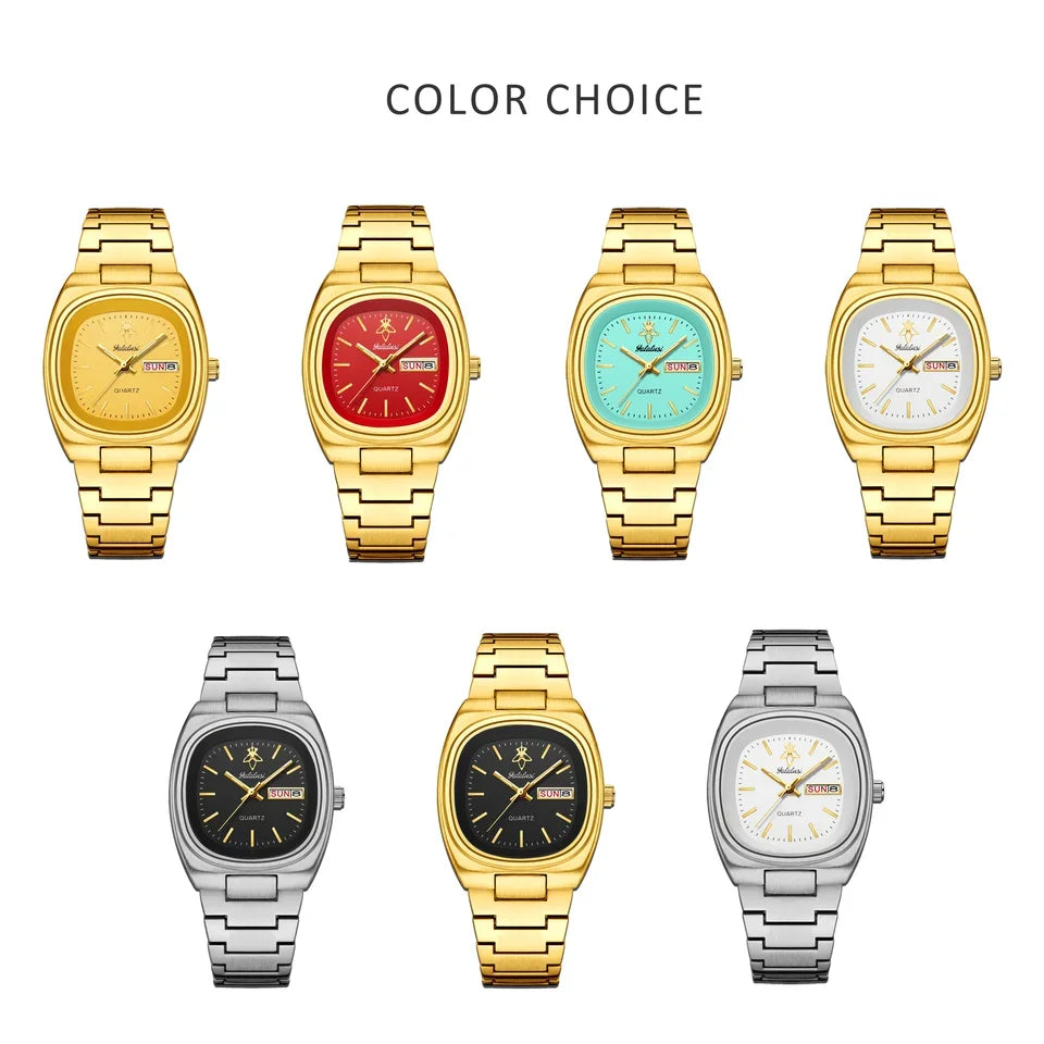 YaLaLuSi Rectangle Alloy Fashion Quartz Analog Waterproof Sport Watch Men Women Luxury Silver Black Dial Acrylic Band Calendar