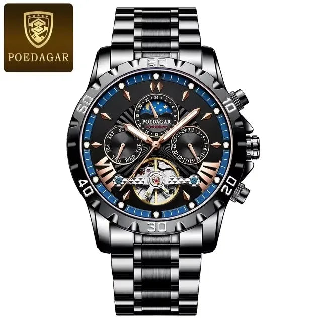 POEDAGAR 1410 Waterproof Mechanical Watch for Men - Hollow Out Dial with Moon Phase