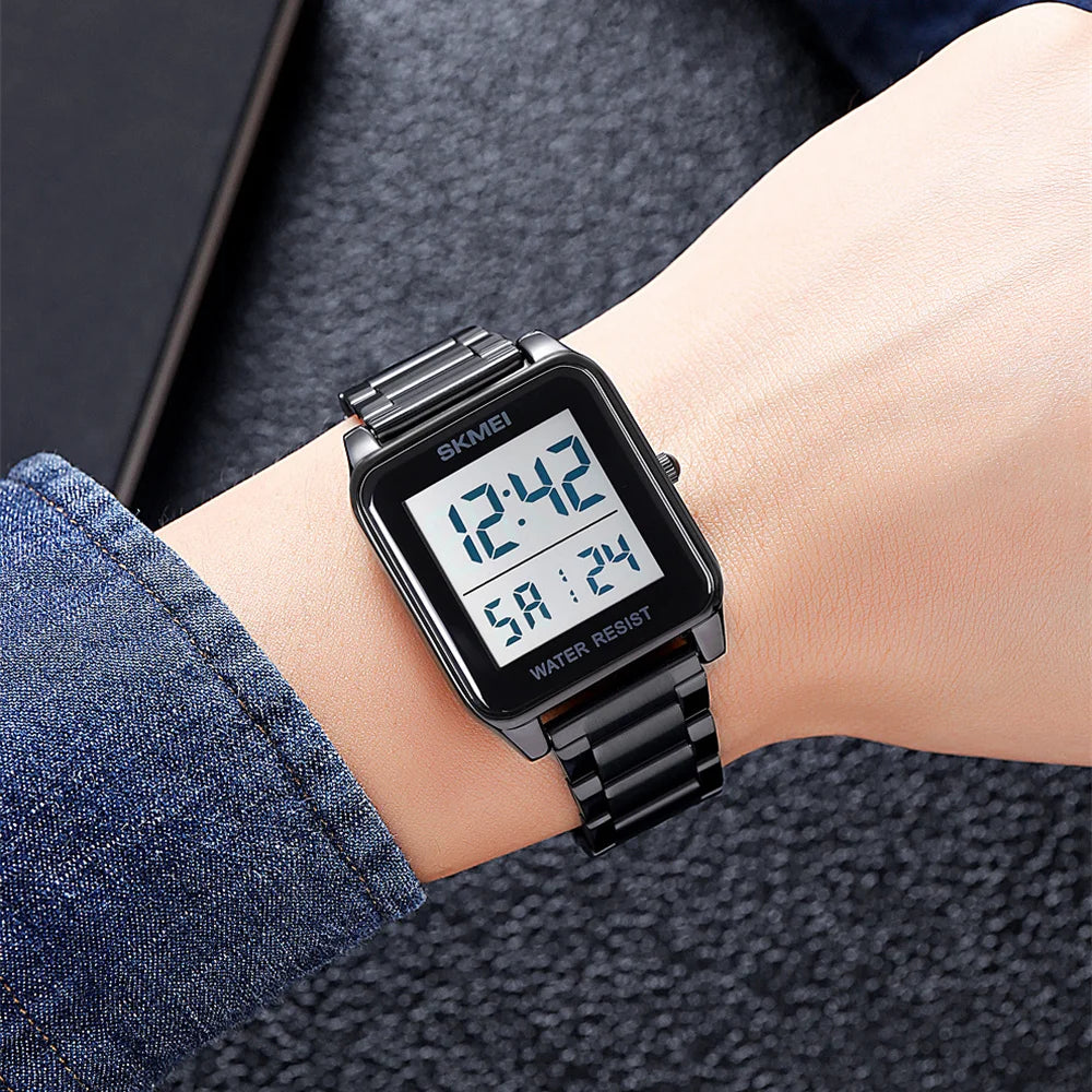 SKMEI 2154 Men's Watches Top Brand LED Electronic Luxury Fashion Square Sport Stainless Strap 3Bar Waterproof Digital Wristwatch