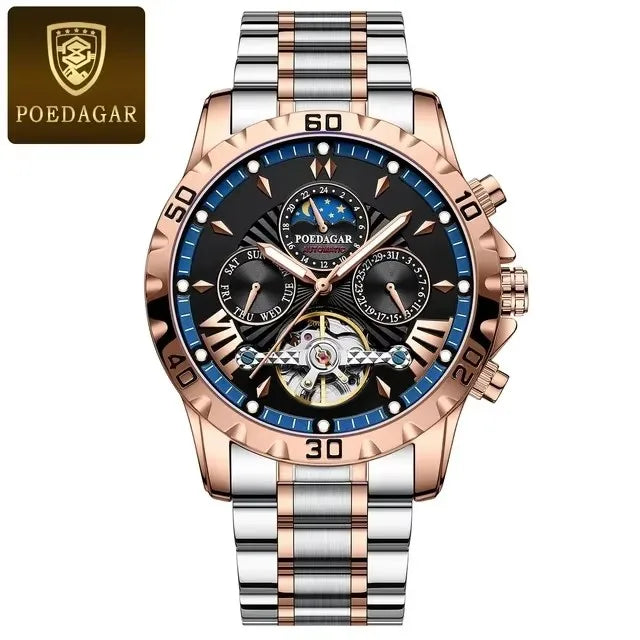 POEDAGAR 1410 Waterproof Mechanical Watch for Men - Hollow Out Dial with Moon Phase