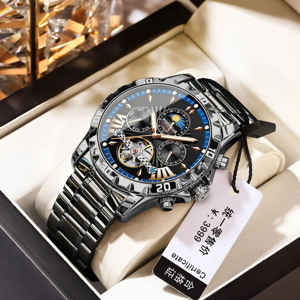 POEDAGAR 1410 Waterproof Mechanical Watch for Men - Hollow Out Dial with Moon Phase