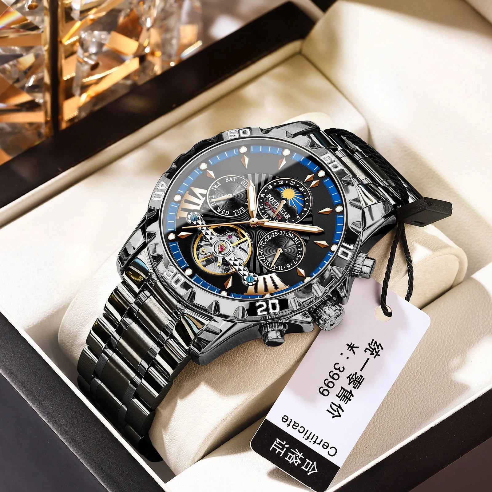 POEDAGAR 1410 Waterproof Mechanical Watch for Men - Hollow Out Dial with Moon Phase