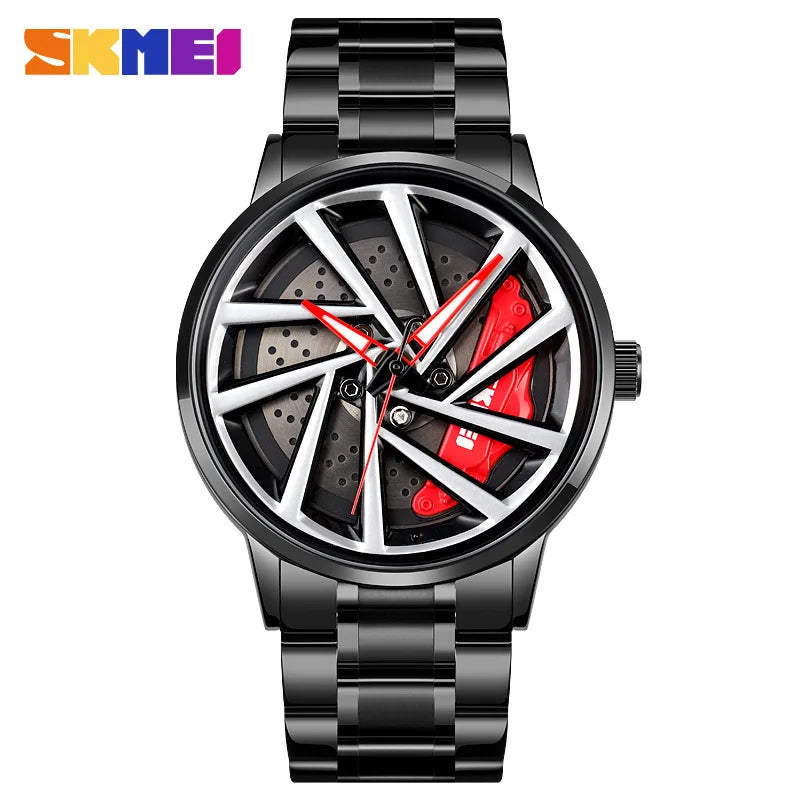 SKMEI Car Wheel Men's Watch - Cool Skeleton Dial Stainless Steel Waterproof Sports Quartz Wristwatch