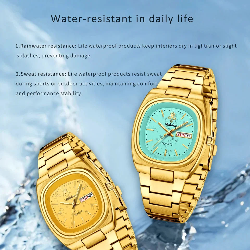 YaLaLuSi Rectangle Alloy Fashion Quartz Analog Waterproof Sport Watch Men Women Luxury Silver Black Dial Acrylic Band Calendar