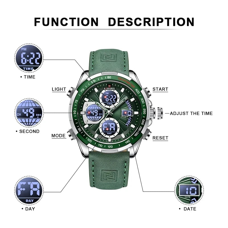 NAVIFORCE 9197 Watch Men's Luxury Sports Chronograph Alarm Clock Watch Waterproof Quartz Big Clock Digital Men's Watch