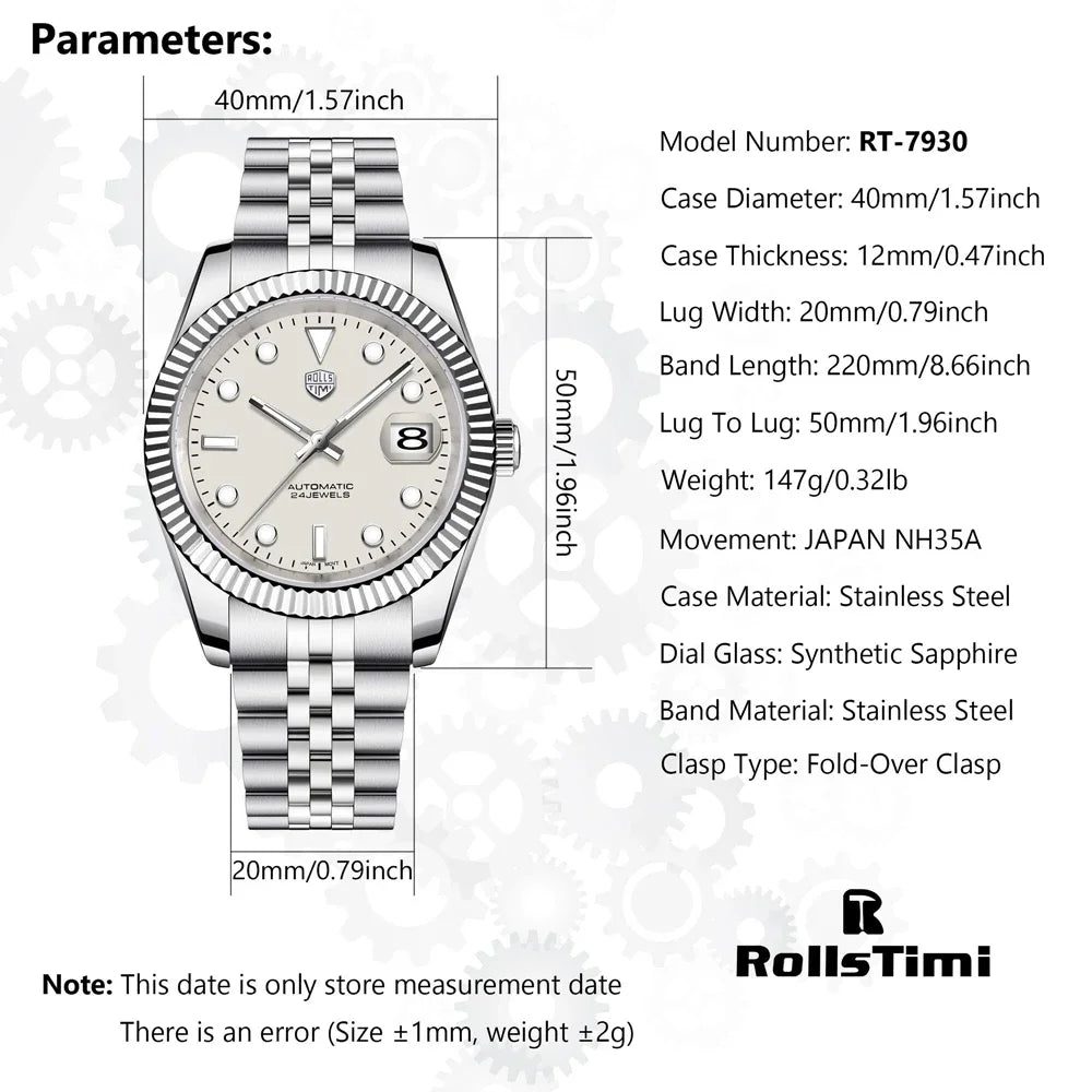 2024 Top Brand Luxury Automatic Watch RollsTimi Men Mechanical Watches for Men Japan NH35A Waterproof Sapphire Reloj Hombre 7930