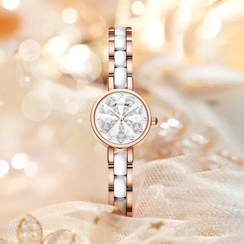 Custom Luxury Business Fashion Ladies Quartz Wristwatch Glass Pointer Stainless Steel Band Rose Gold Ceramic Case 3 ATM