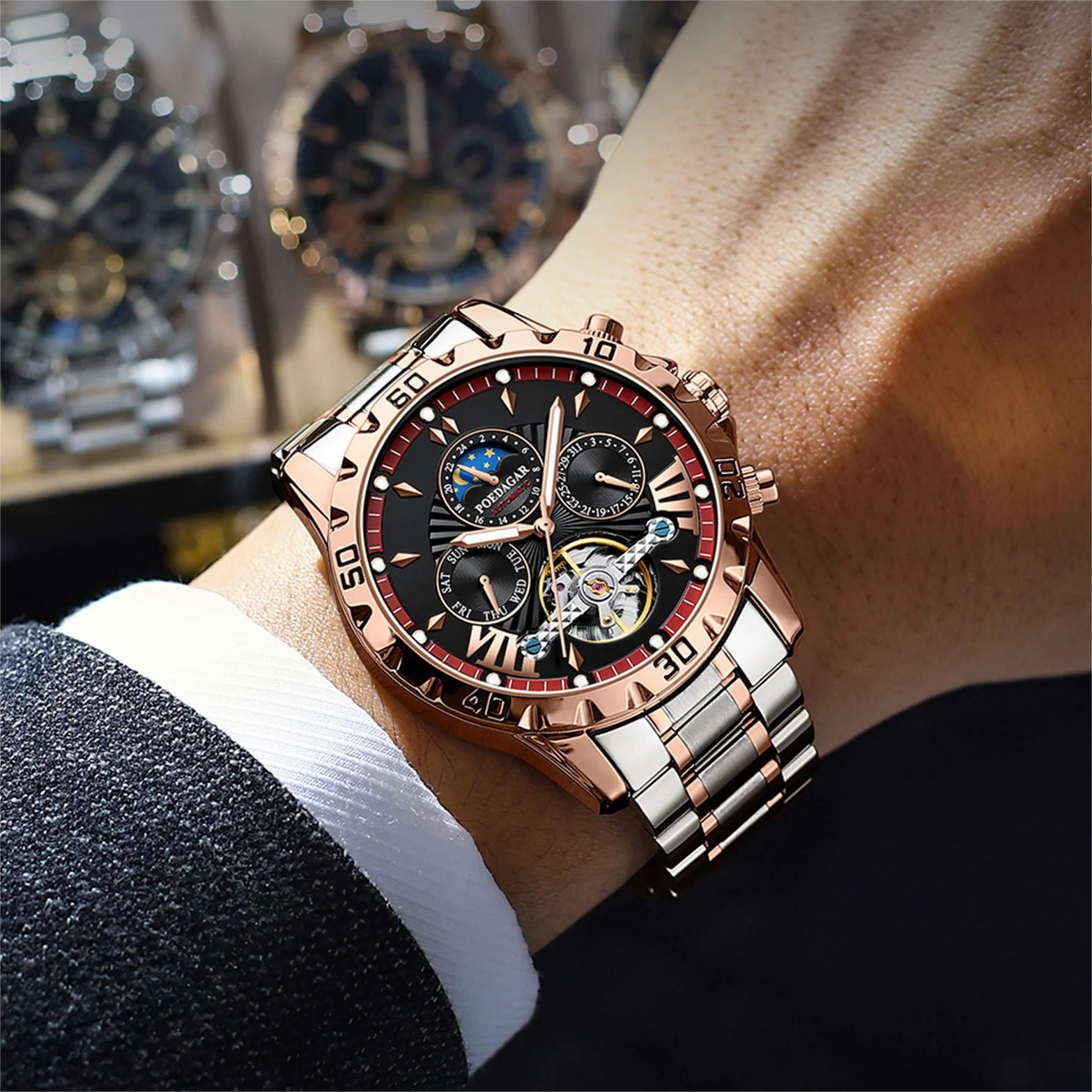 POEDAGAR 1410 Waterproof Mechanical Watch for Men - Hollow Out Dial with Moon Phase