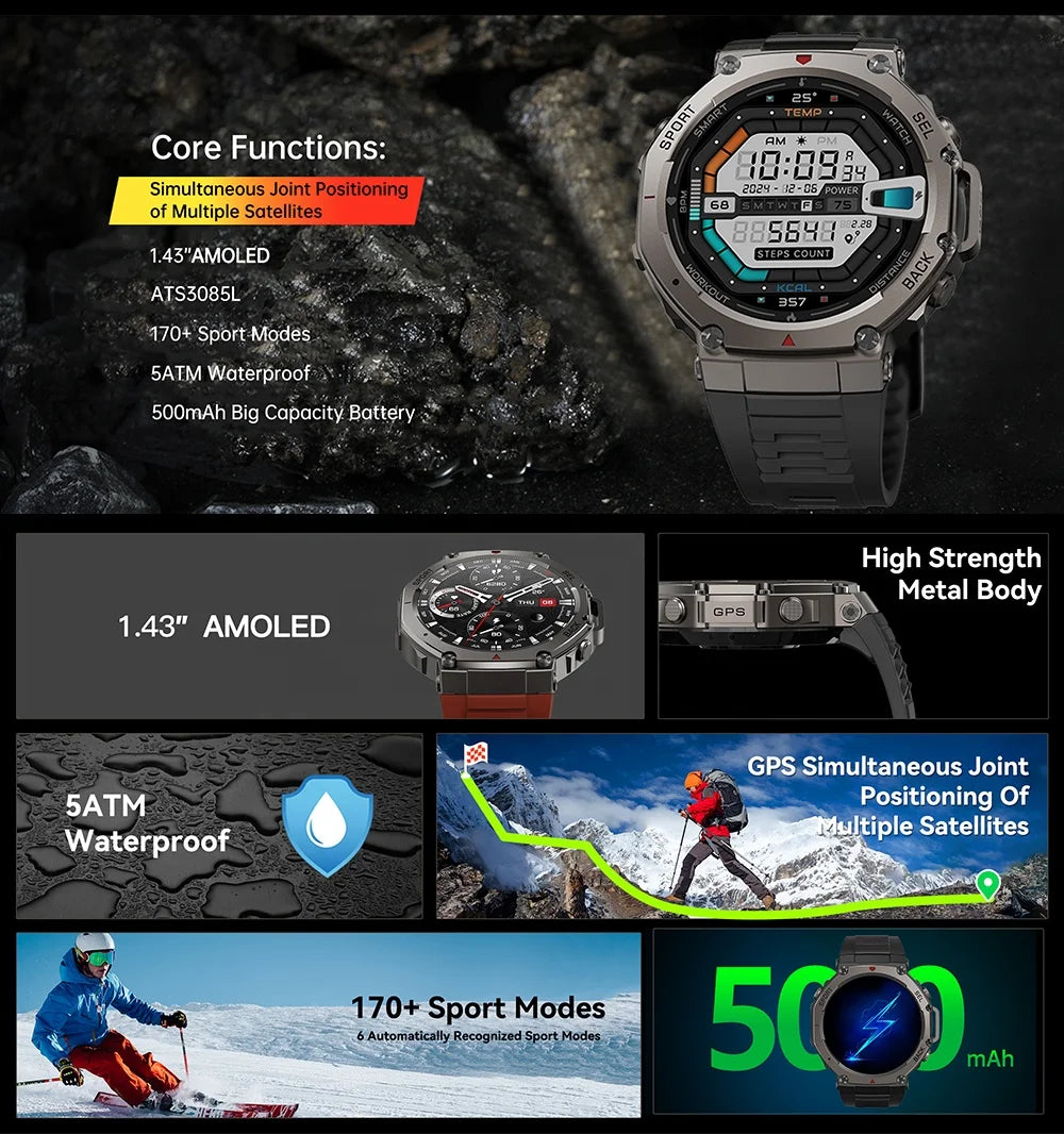DM58 Sport Smart Watch with GPS 5ATM Waterproof 500mAh Battery BT Calling Heart Rate Blood Oxygen Sleep Monitoring for Men Women