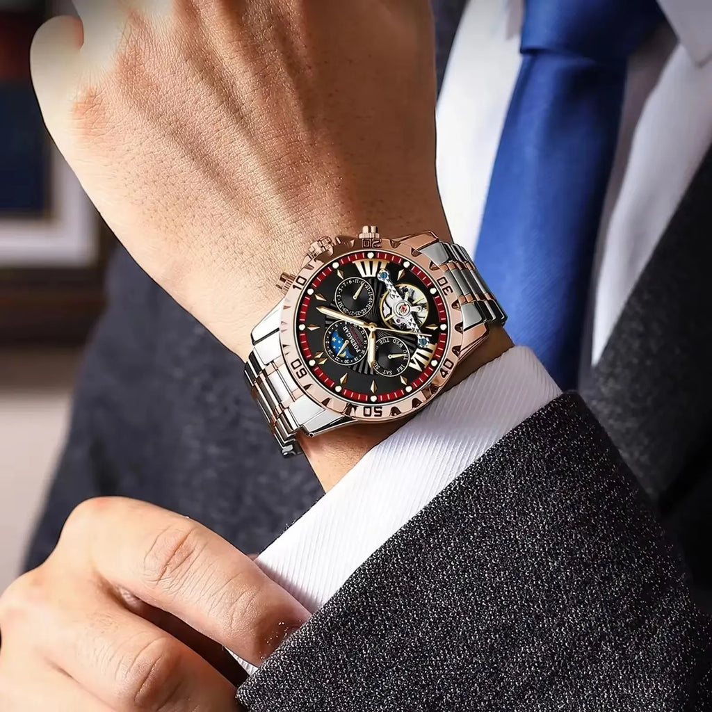 POEDAGAR 1410 Waterproof Mechanical Watch for Men - Hollow Out Dial with Moon Phase