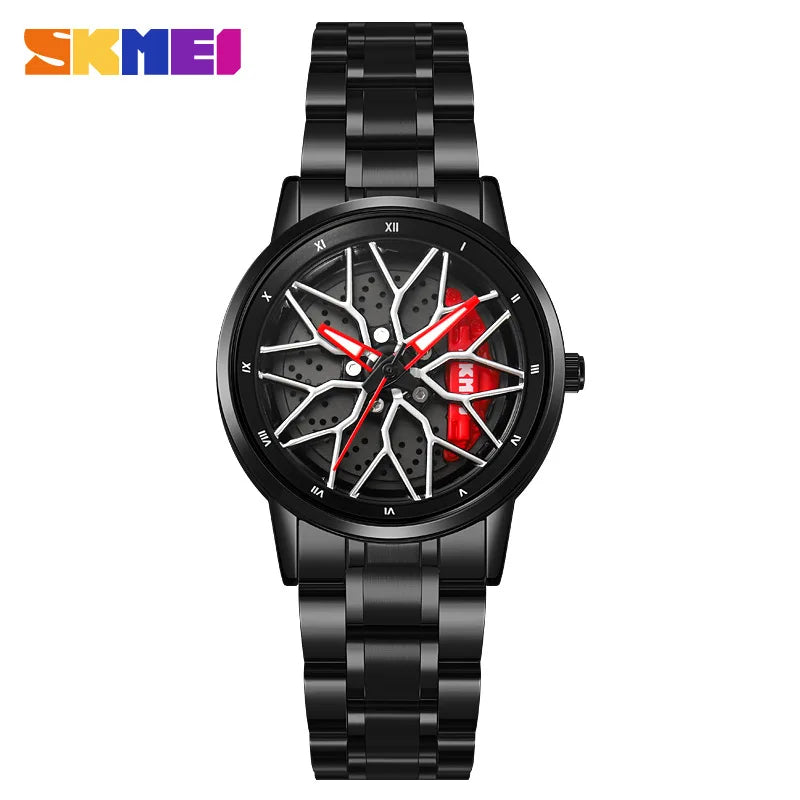 SKMEI Car Wheel Men's Watch - Cool Skeleton Dial Stainless Steel Waterproof Sports Quartz Wristwatch