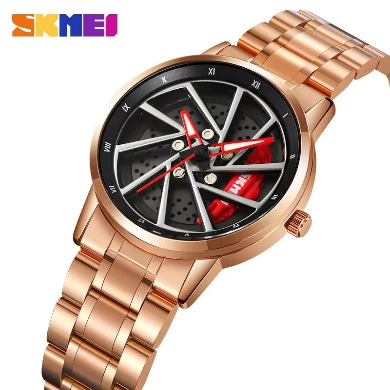 SKMEI Car Wheel Men's Watch - Cool Skeleton Dial Stainless Steel Waterproof Sports Quartz Wristwatch