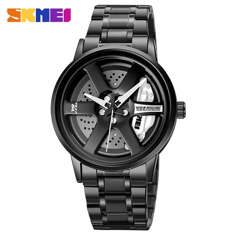 SKMEI Car Wheel Men's Watch - Cool Skeleton Dial Stainless Steel Waterproof Sports Quartz Wristwatch