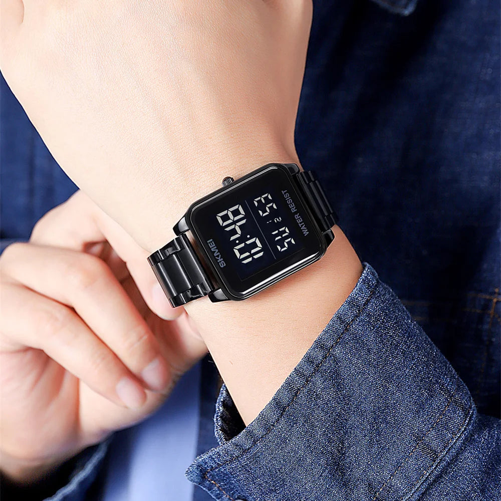 SKMEI 2154 Men's Watches Top Brand LED Electronic Luxury Fashion Square Sport Stainless Strap 3Bar Waterproof Digital Wristwatch