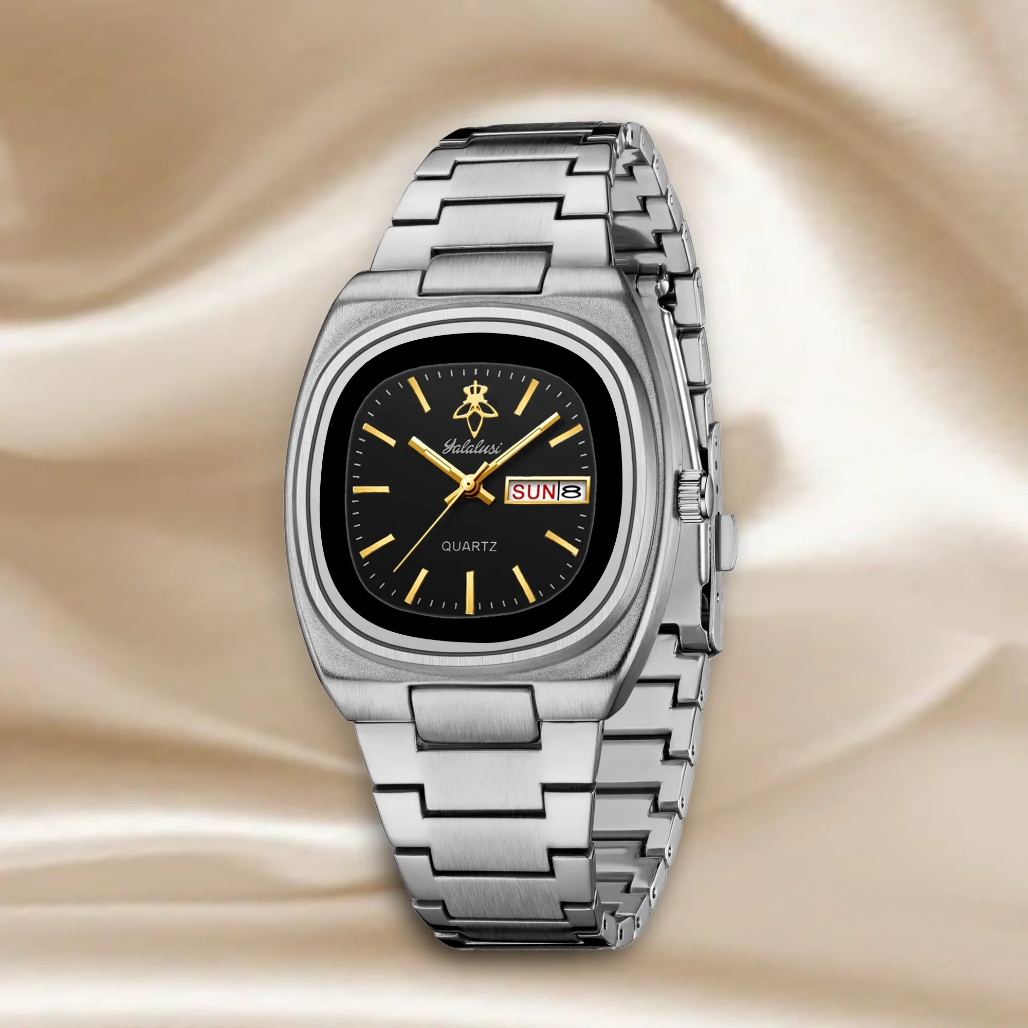 YaLaLuSi Rectangle Alloy Fashion Quartz Analog Waterproof Sport Watch Men Women Luxury Silver Black Dial Acrylic Band Calendar