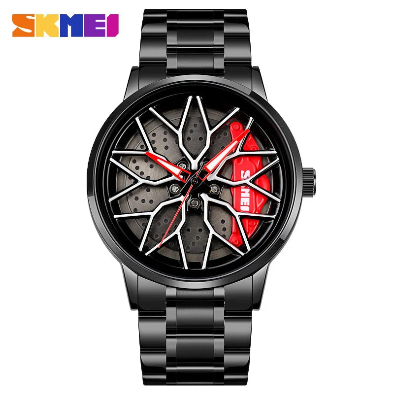 SKMEI Car Wheel Men's Watch - Cool Skeleton Dial Stainless Steel Waterproof Sports Quartz Wristwatch