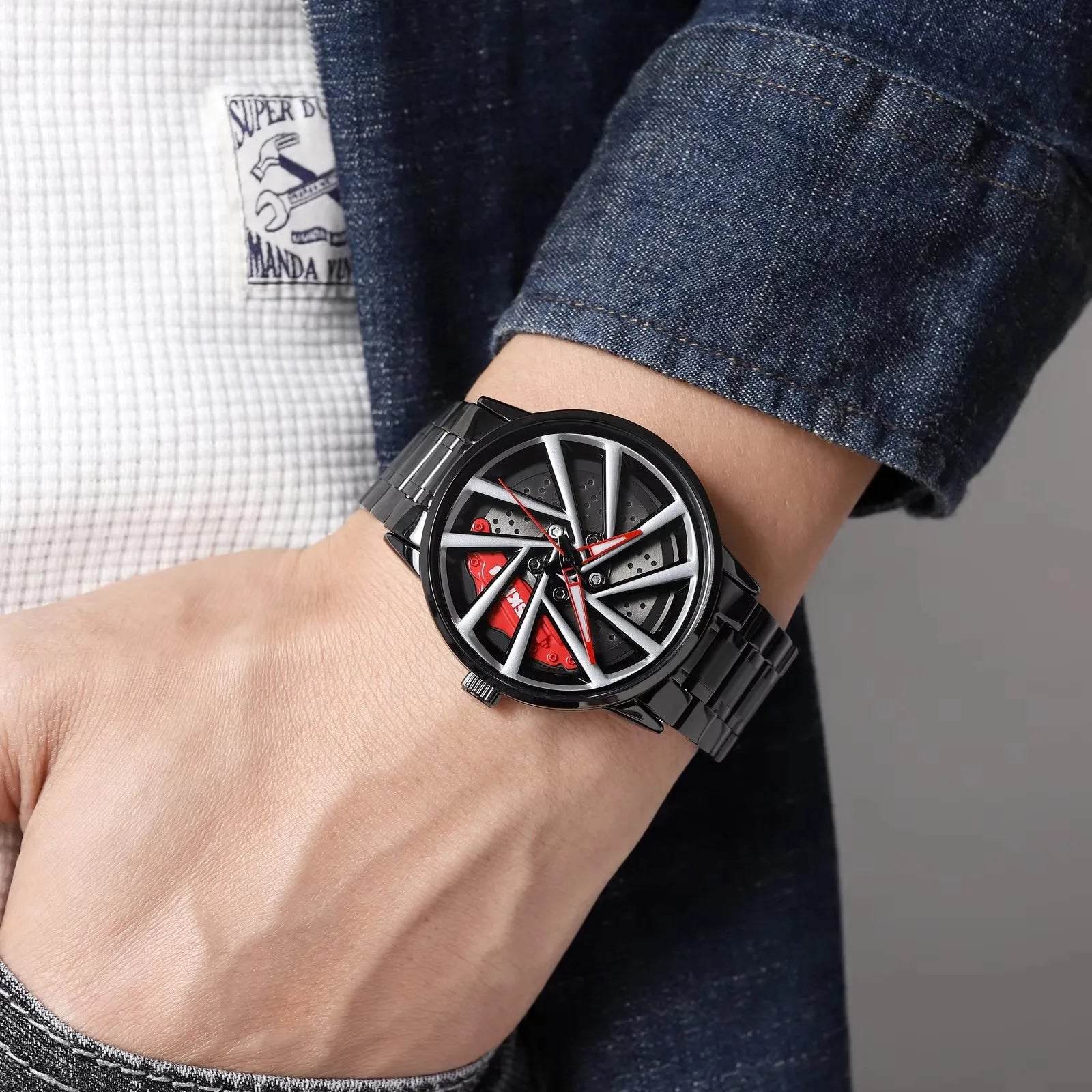 SKMEI Car Wheel Men's Watch - Cool Skeleton Dial Stainless Steel Waterproof Sports Quartz Wristwatch