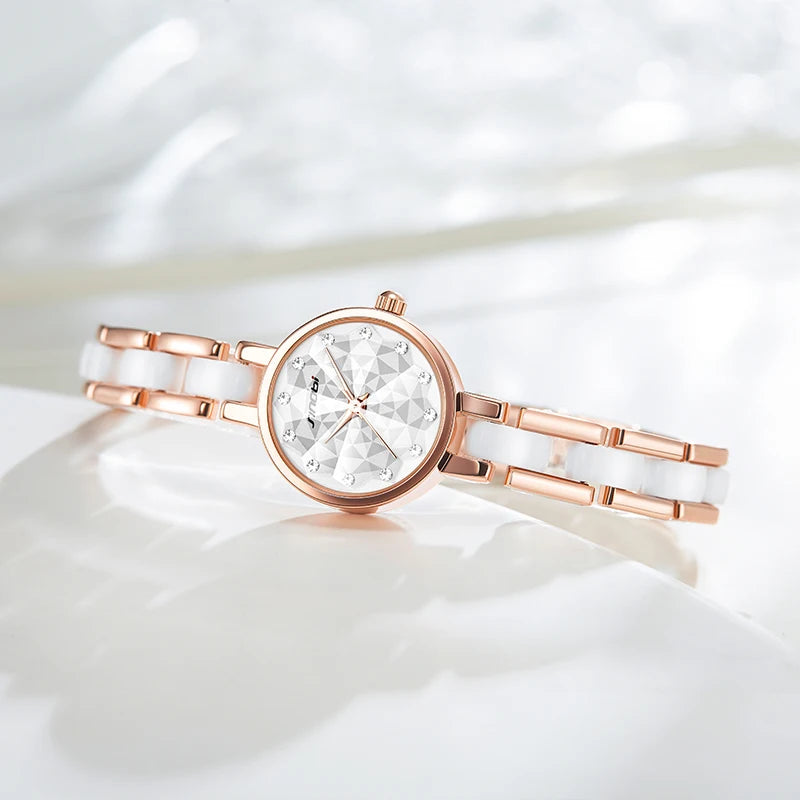 Custom Luxury Business Fashion Ladies Quartz Wristwatch Glass Pointer Stainless Steel Band Rose Gold Ceramic Case 3 ATM