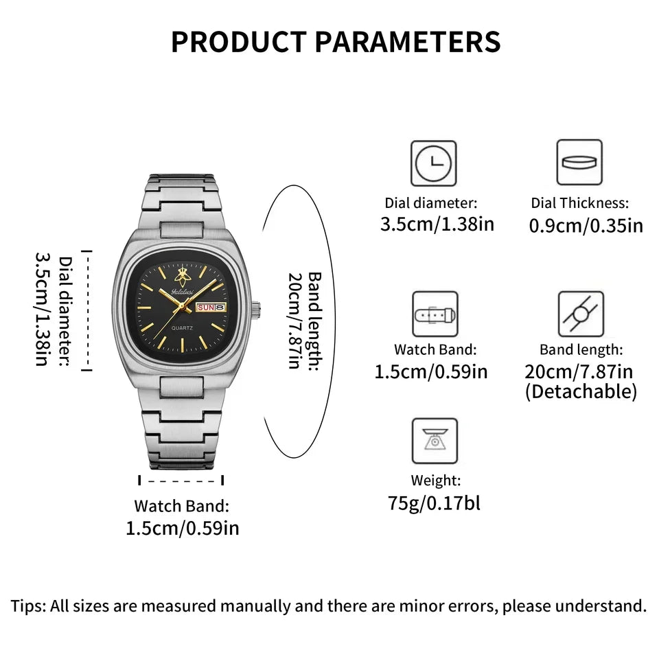 YaLaLuSi Rectangle Alloy Fashion Quartz Analog Waterproof Sport Watch Men Women Luxury Silver Black Dial Acrylic Band Calendar