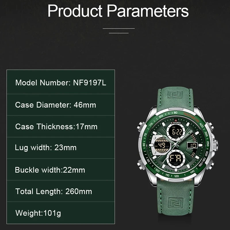 NAVIFORCE 9197 Watch Men's Luxury Sports Chronograph Alarm Clock Watch Waterproof Quartz Big Clock Digital Men's Watch