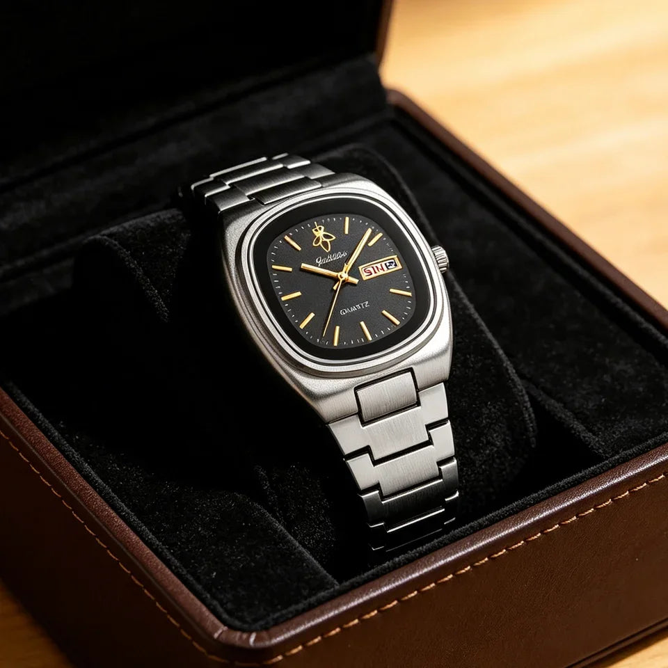 YaLaLuSi Rectangle Alloy Fashion Quartz Analog Waterproof Sport Watch Men Women Luxury Silver Black Dial Acrylic Band Calendar