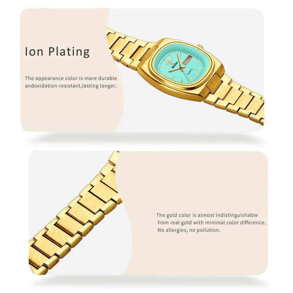 YaLaLuSi Rectangle Alloy Fashion Quartz Analog Waterproof Sport Watch Men Women Luxury Silver Black Dial Acrylic Band Calendar