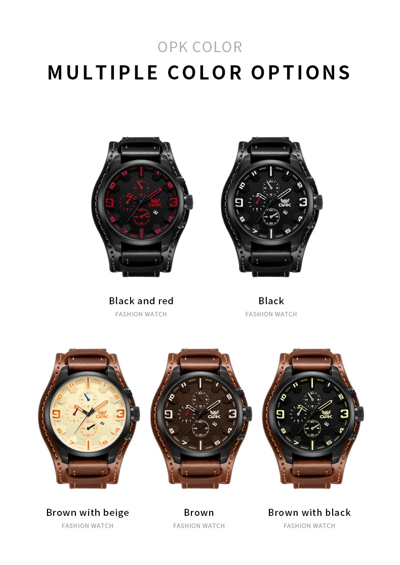 OPK 6091 Man Watch 47mm Large Dial Chronograph Date Waterproof Watches Original Leather Strap Fashion Retro Quartz Watch for Men
