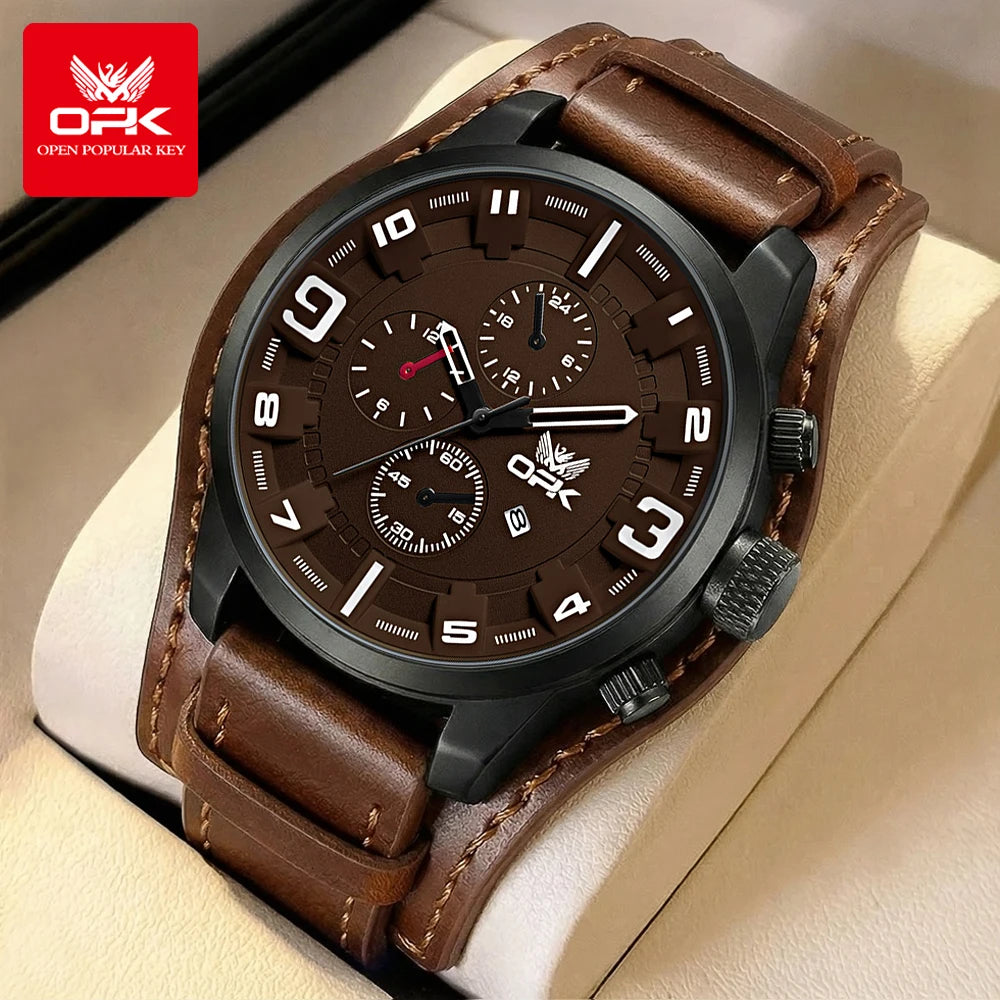 OPK 6091 Man Watch 47mm Large Dial Chronograph Date Waterproof Watches Original Leather Strap Fashion Retro Quartz Watch for Men